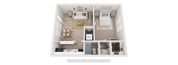 a furnished floor plan of a 1 bedroom apartment