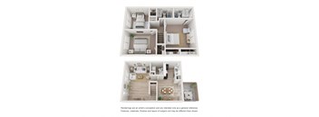 a stylized floor plan of a 2 bedroom apartment