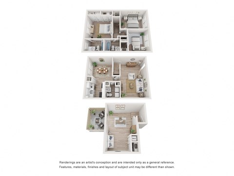 a stylized floor plan of a 3 bedroom apartment