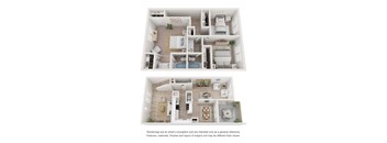 a stylized 3d floor plan of a home with a bedroom and living room