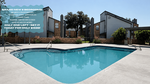 A swimming pool in front of a house with a sign advertising a bedroom for sale.