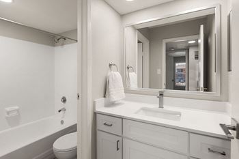 a bathroom with a large mirror and a sink and a toilet