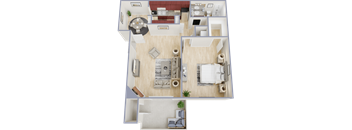 A 3D floor plan of a house showing a living room, kitchen, and two bedrooms.