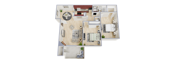 A 3D floor plan of a house with a living room, dining room, kitchen, and bedrooms.