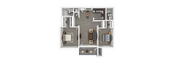 A top-down view of a house layout with a kitchen, living room, and bedrooms.