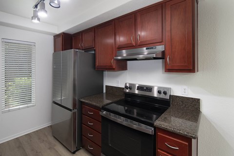 A kitchen with a black stove and black oven.