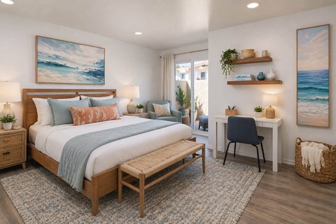 Coastal themed bedroom with desk and floating shelves1 at Bella Del Mar Apartments, California