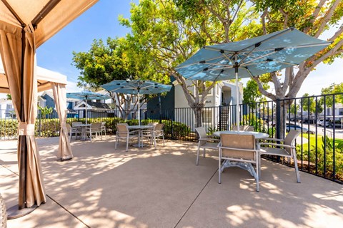 A patio with a table and chairs under umbrellas.