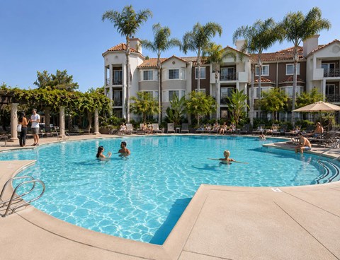 Resort style pool with palm trees and lounge seating at River Front Apartments, San Diego, 92108