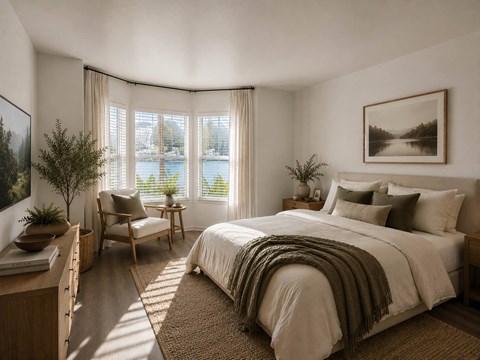 A bedroom with a large bed and a view of the water.
