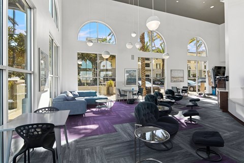 A modern living room with a purple carpet and black chairs.