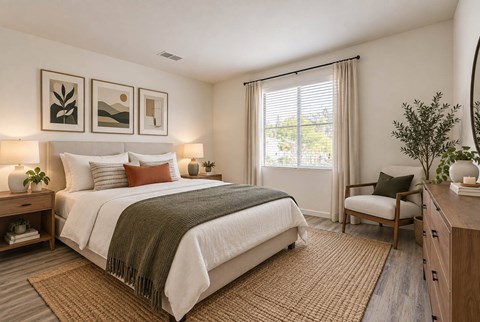 A bedroom with a large bed and a chair.