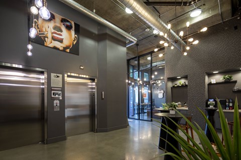 Modern lobby with elevators and contemporary lighting at Urbana Apartments, San Diego, California