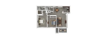 A floor plan of a modern apartment with a kitchen, living room, and bathroom.