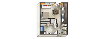 One bed one bath floorplan with balcony at Urbana Apartments, California, 92101