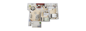 A 3D floor plan of a house showing a living room, kitchen, dining room, and bedrooms.