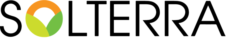 The image shows the word "SOLTERRA" in black letters with a green, yellow and orange circular logo to the left of the letter 