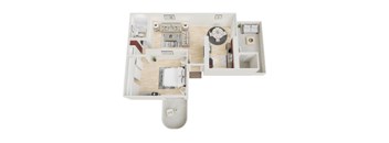 A top-down view of a small apartment with a kitchen, living room, and bathroom.