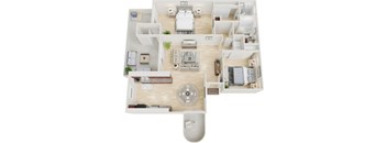 A top-down view of a house interior with a kitchen, living room, and bedrooms.