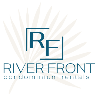 A logo for Riverfront Condominium Rentals with a palm leaf design.