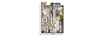 A drawing of a floor plan of a house with a kitchen, living room, and bathroom.