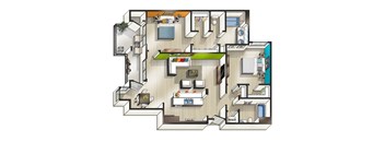A floor plan of a house with a kitchen, living room, and two bedrooms.