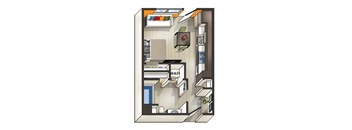 A drawing of a kitchen with a refrigerator, microwave, and other appliances.