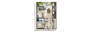 A drawing of a house with a kitchen, living room, and dining area.