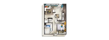A drawing of a room with a bed, a desk, a chair, a dresser, a wardrobe, a cupboard, a shelf, a mirror, a window, a door, a curtain, a rug,