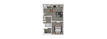 A top-down view of a modern apartment layout with a kitchen, living room, and bathroom.