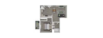 A top-down view of a modern apartment layout with a living room, kitchen, and bedroom.