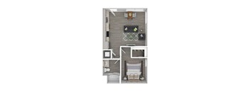 A top-down view of a bedroom with a bed, nightstand, and a desk with a chair.