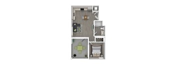 A floor plan of a house with a kitchen, living room, dining room, and bathroom.