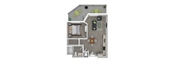 A floor plan of a small apartment with a kitchen, living room, and bathroom.
