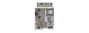 A top-down view of a house layout with a kitchen, living room, and bathroom.