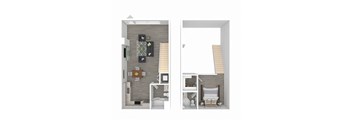 A floor plan of a small apartment with a kitchen, living room, and bedroom.