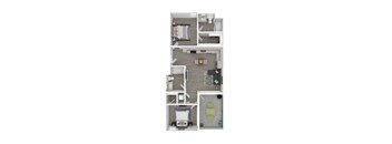 A top-down view of a small apartment layout with a kitchen, living room, and bathroom.