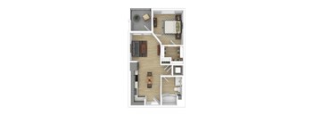 A top-down view of a small apartment with a kitchen, living room, and bathroom.