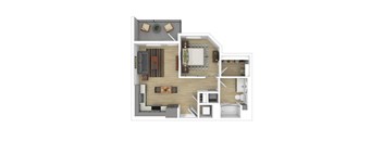 A 3D floor plan of a house showing a kitchen, living room, and bathroom.