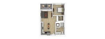 A floor plan of a small apartment with a living room, kitchen, and bathroom.