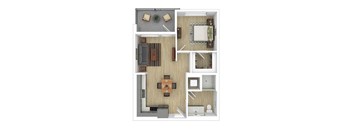 A floor plan of a house with a kitchen, living room, and bathroom.