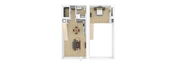 A floor plan of a house with a living room, kitchen, and two bedrooms.
