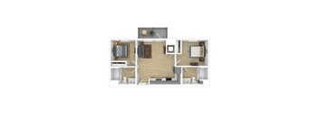 A 3D floor plan of a house with a kitchen, living room, and two bedrooms.
