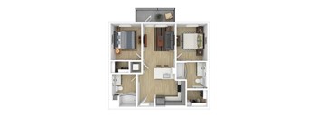 A top-down view of a small apartment layout with a kitchen, living room, and bedroom.