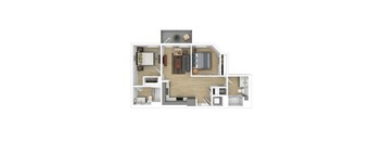 A 3D floor plan of a small apartment with a kitchen, living room, and bedroom.