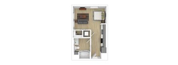A top-down view of a small apartment with a living room, kitchen, and bathroom.