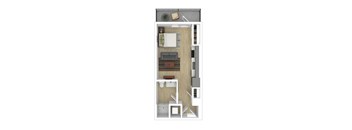 A top-down view of a small apartment with a kitchen, living room, and bathroom.