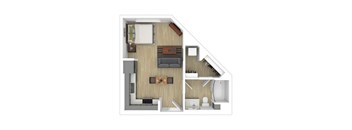 A top down view of a small apartment with a kitchen, living room and bathroom.