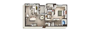 A floor plan of a house with a kitchen, living room, and bathroom.