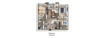 A floor plan of a 1034 square foot Equinox apartment.